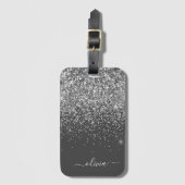 Zilver Grey Girly Glitter Sparkle Monogram Name Bagagelabel (Voorkant (verticaal))