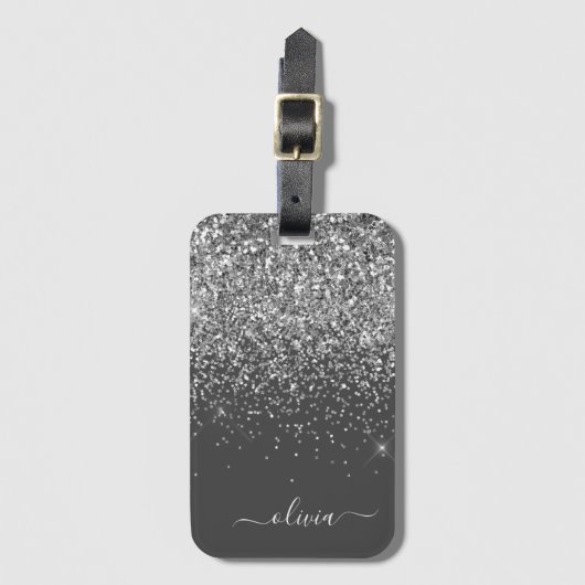 Zilver Grey Girly Glitter Sparkle Monogram Name Bagagelabel (Voorkant (verticaal))