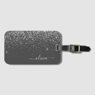 Zilver Grey Girly Glitter Sparkle Monogram Name Bagagelabel