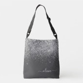 Zilver Grey Girly Glitter Sparkle Monogram Name Crossbody Tas (Achterkant)