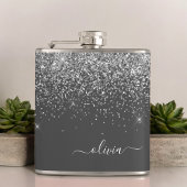 Zilver Grey Girly Glitter Sparkle Monogram Name Heupfles
