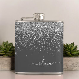 Zilver Grey Girly Glitter Sparkle Monogram Name Heupfles