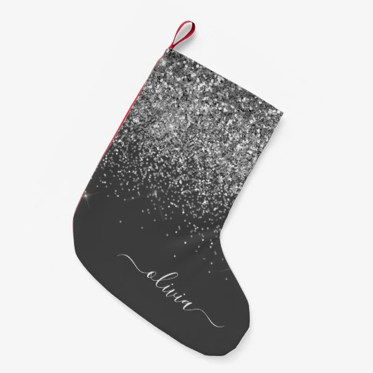 Zilver Grey Girly Glitter Sparkle Monogram Name Kleine Kerstsok (Voorkant (Hangend))