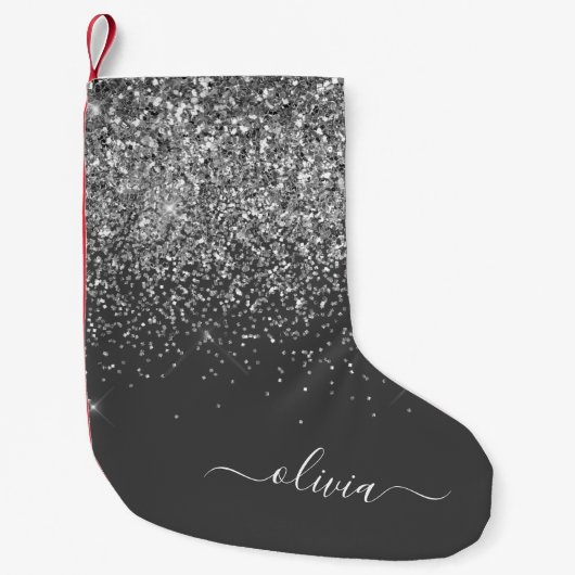 Zilver Grey Girly Glitter Sparkle Monogram Name Kleine Kerstsok (Voorkant)