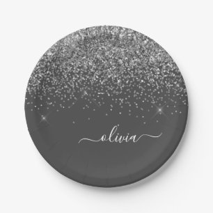 Zilver Grey Girly Glitter Sparkle Monogram Name Papieren Bordje