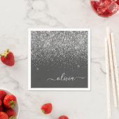 Zilver Grey Girly Glitter Sparkle Monogram Name Servet (Insitu)