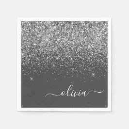 Zilver Grey Girly Glitter Sparkle Monogram Name Servet
