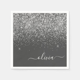 Zilver Grey Girly Glitter Sparkle Monogram Name Servet
