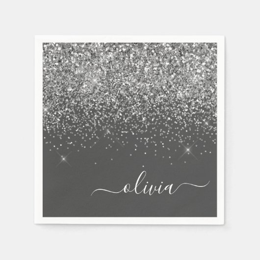 Zilver Grey Girly Glitter Sparkle Monogram Name Servet (Voorkant)