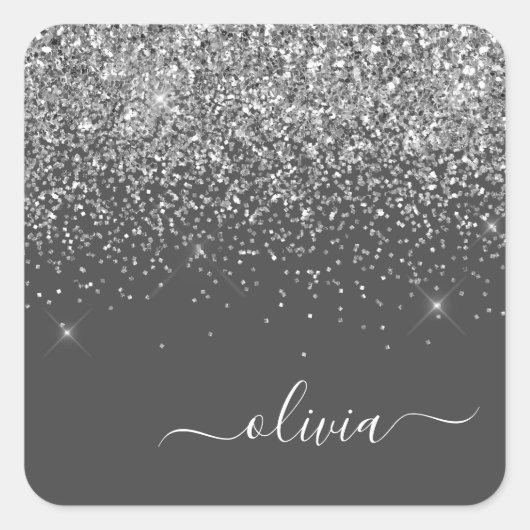 Zilver Grey Girly Glitter Sparkle Monogram Name Vierkante Sticker (Voorkant)