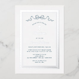 Zilver Grieks Lijst Dusty Blue Bow doop Folie Uitnodiging