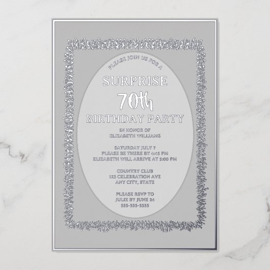 Zilver Grijs 70e Custom Surprise Verjaardag Folie Uitnodiging (Voorkant)