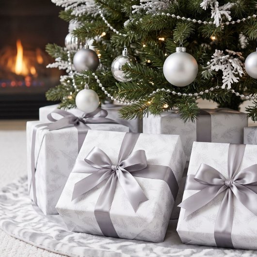 Zilver Grijs Botanisch Chic Wit Kerstmis Cadeaupapier