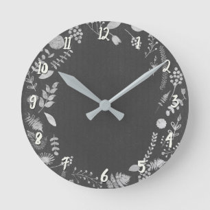Zilver Grijs Botanische Bladeren Gepersonaliseerd  Ronde Klok