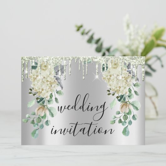 Zilver grijs drijft grijze Floral Mint Green Weddi Kaart (Staand voorkant)