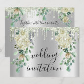 Zilver grijs drijft grijze Floral Mint Green Weddi Kaart (Voorkant / Achterkant)