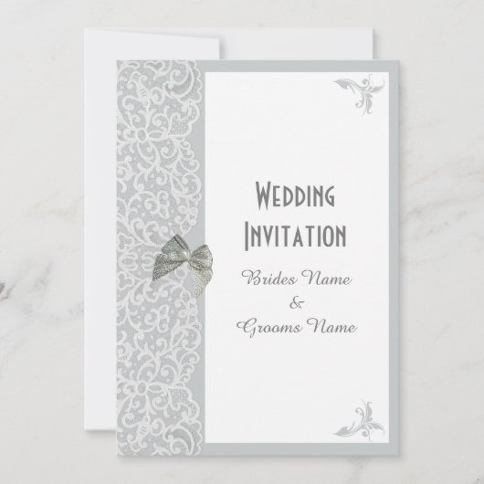 Zilver grijs en wit kant traditionele bruiloft kaart (Voorkant)