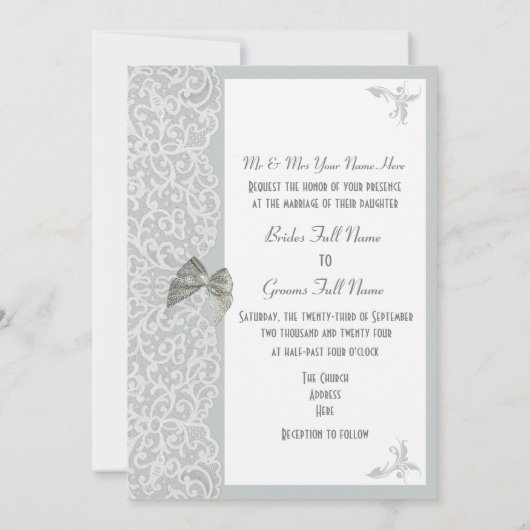 Zilver grijs en wit kant traditionele bruiloft kaart (Achterkant)