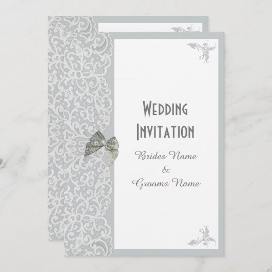 Zilver grijs en wit kant traditionele bruiloft kaart (Voorkant / Achterkant)
