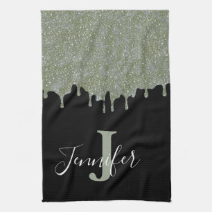 Zilver Grijs en Zwarte Monogram Glitter Druppels Theedoek