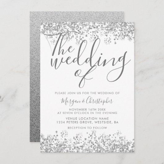 Zilver grijs glitter elegant modern huwelijk kaart (Voorkant / Achterkant)