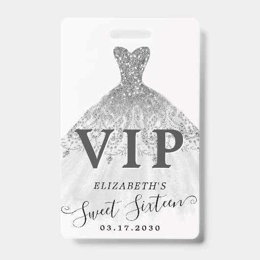 Zilver Grijs Glitter Jurk Sweet 16 VIP Verjaardag Badge (Front)