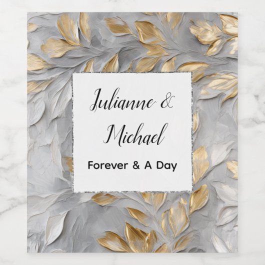 Zilver Grijs Goud Bladeren Bruiloft Wijn Etiket (Enkel label)