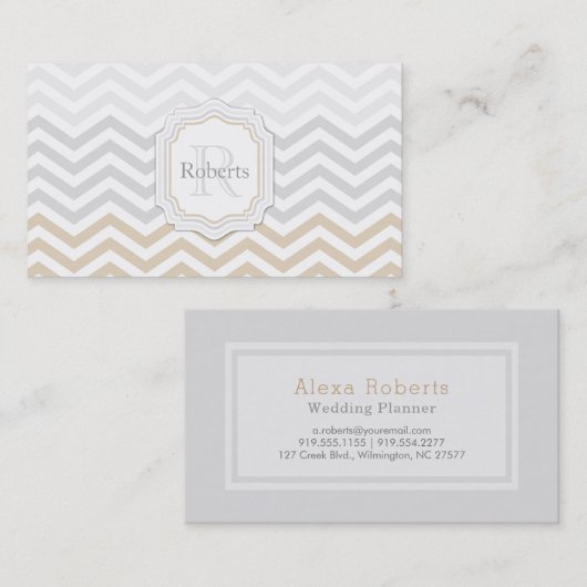 Zilver Grijs Goud Chevron Monogram Visitekaartje (Voorkant / Achterkant)