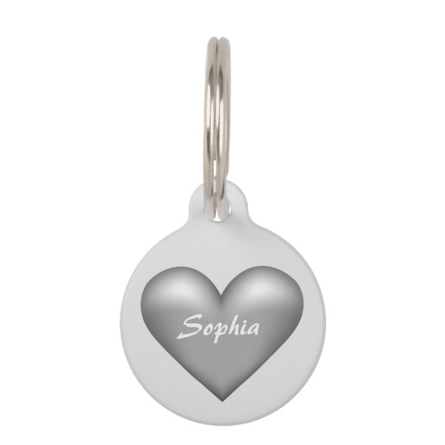 Zilver grijs hart met aangepaste naam boven huisdierpenning (Voorkant)
