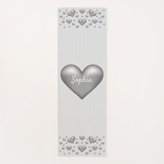 Zilver grijs hart met aangepaste tekst yogamat (Voorkant)