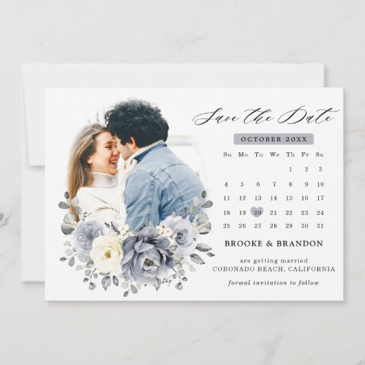 Zilver Grijs Ivoor Bloemige Winter Bruiloft Save The Date (Voorkant)