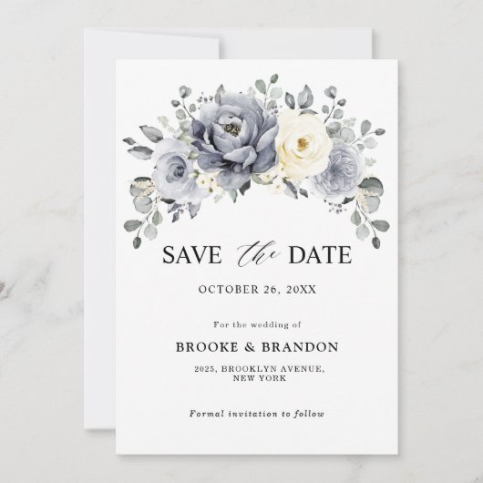 Zilver Grijs Ivoor Bloemige Winter Bruiloft Save The Date (Voorkant)