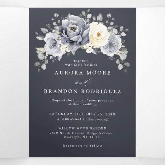 Zilver Grijs Ivoor Bloemige Winter Landelijke Trou Drieluik Aankondiging (Binnenkant midden)