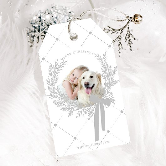 Zilver Grijs Kerst Krans Foto Cadeaulabel