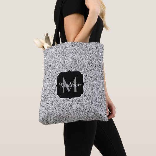 Zilver grijs lichtglitter sparkles Monogram Tote Bag (Dichtbij)