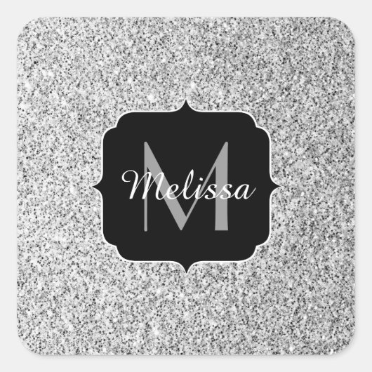 Zilver grijs lichtglitter sparkles Monogram Vierkante Sticker (Voorkant)