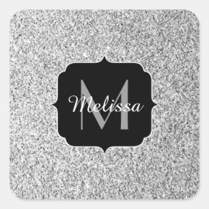 Zilver grijs lichtglitter sparkles Monogram Vierkante Sticker