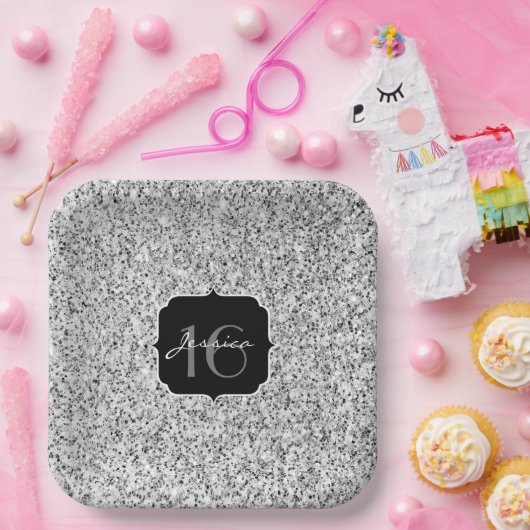 Zilver grijs lichtglitter sparkles Sweet 16 Papieren Bordje (Feest)