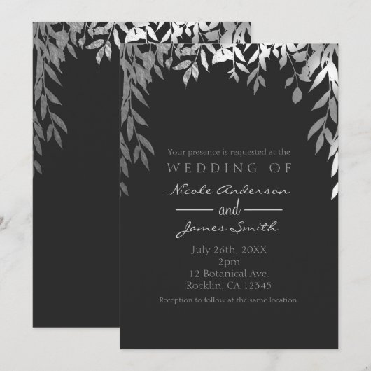 Zilver & Grijs Modern Glam Botanische Bladeren Tro Kaart (Voorkant / Achterkant)