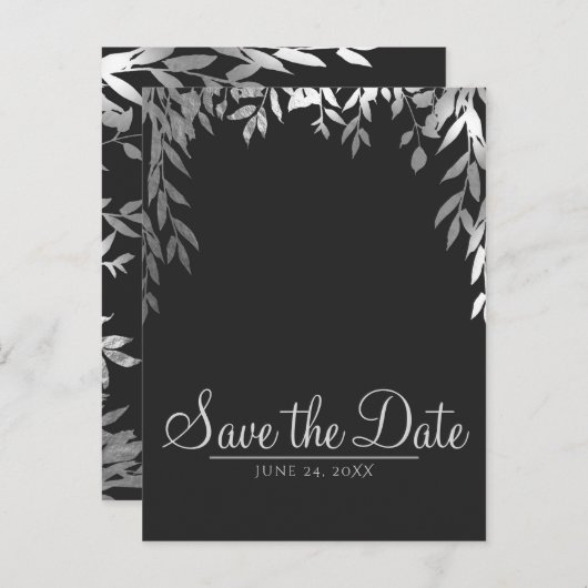 Zilver & Grijs Modern Glam Botanische Save the Dat Aankondigingskaart (Voorkant / Achterkant)