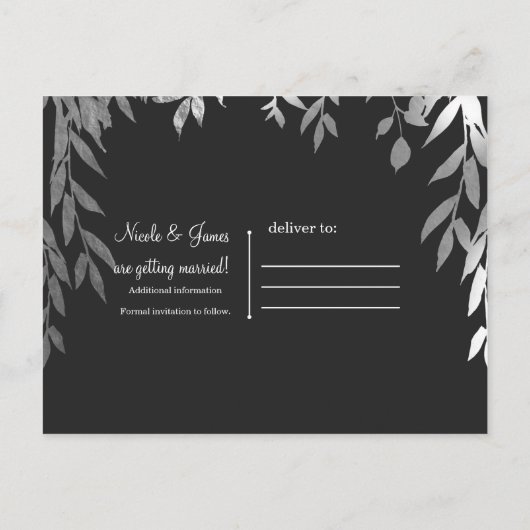 Zilver & Grijs Modern Glam Botanische Save the Dat Aankondigingskaart (Achterkant)