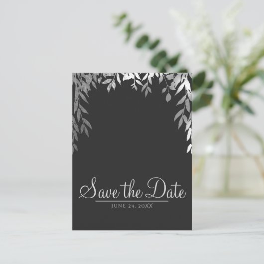 Zilver & Grijs Modern Glam Botanische Save the Dat Aankondigingskaart (Staand voorkant)
