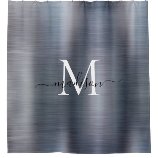 Zilver Grijs Monogram Girly Script Glam Steel Meta Douchegordijn (Voorkant)