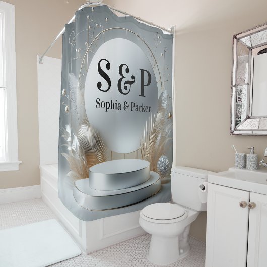 Zilver Grijs Podium Monogram Moderne Script Bruilo Douchegordijn