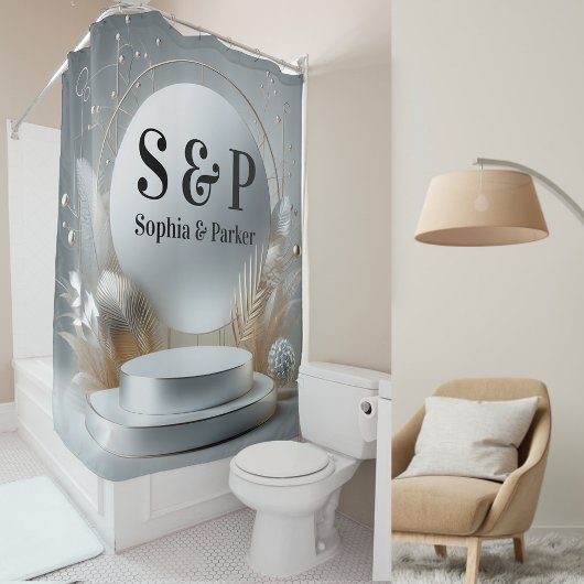 Zilver Grijs Podium Monogram Moderne Script Bruilo Douchegordijn