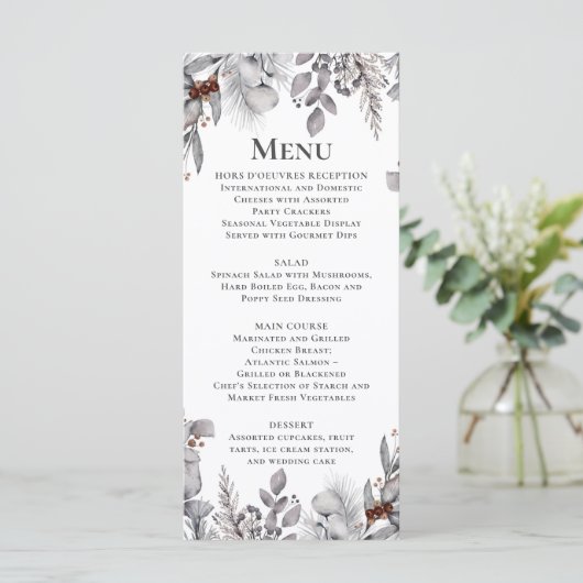 Zilver, Grijs, Roest Bruin Vogel Winter Botanische Menu (Staand voorkant)