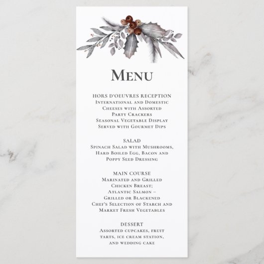 Zilver, grijs, roestbruin winterbruiloft menu (Voorkant)