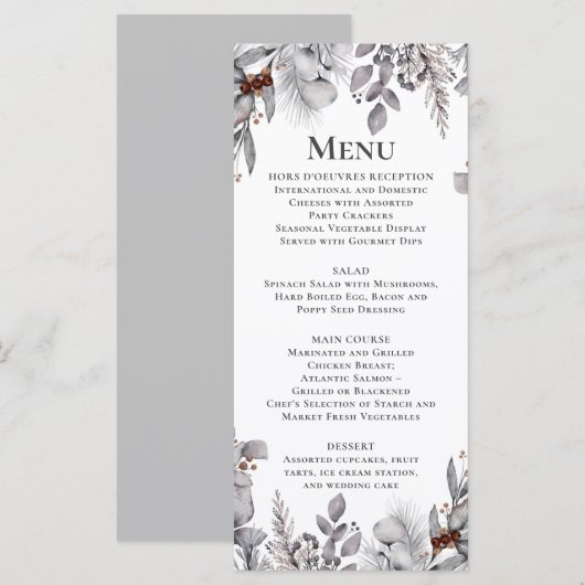 Zilver, grijs, roestbruine vogel winter botanische menu (Voorkant / Achterkant)