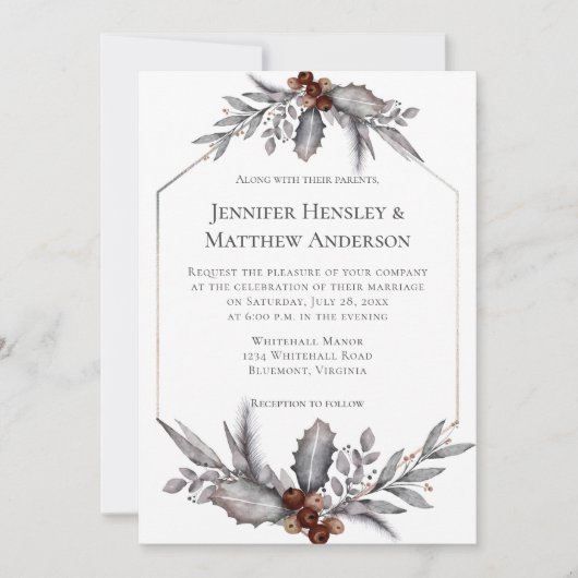 Zilver, grijs, roestbruine winterbruiloft kaart (Voorkant)