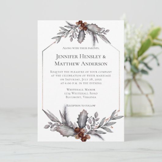 Zilver, grijs, roestbruine winterbruiloft kaart (Staand voorkant)